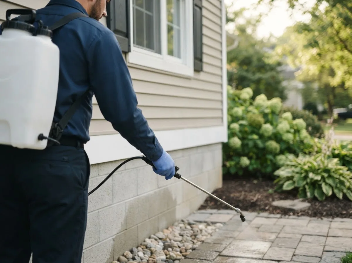 Pest control technician inspecting a home in Leakesville, MS